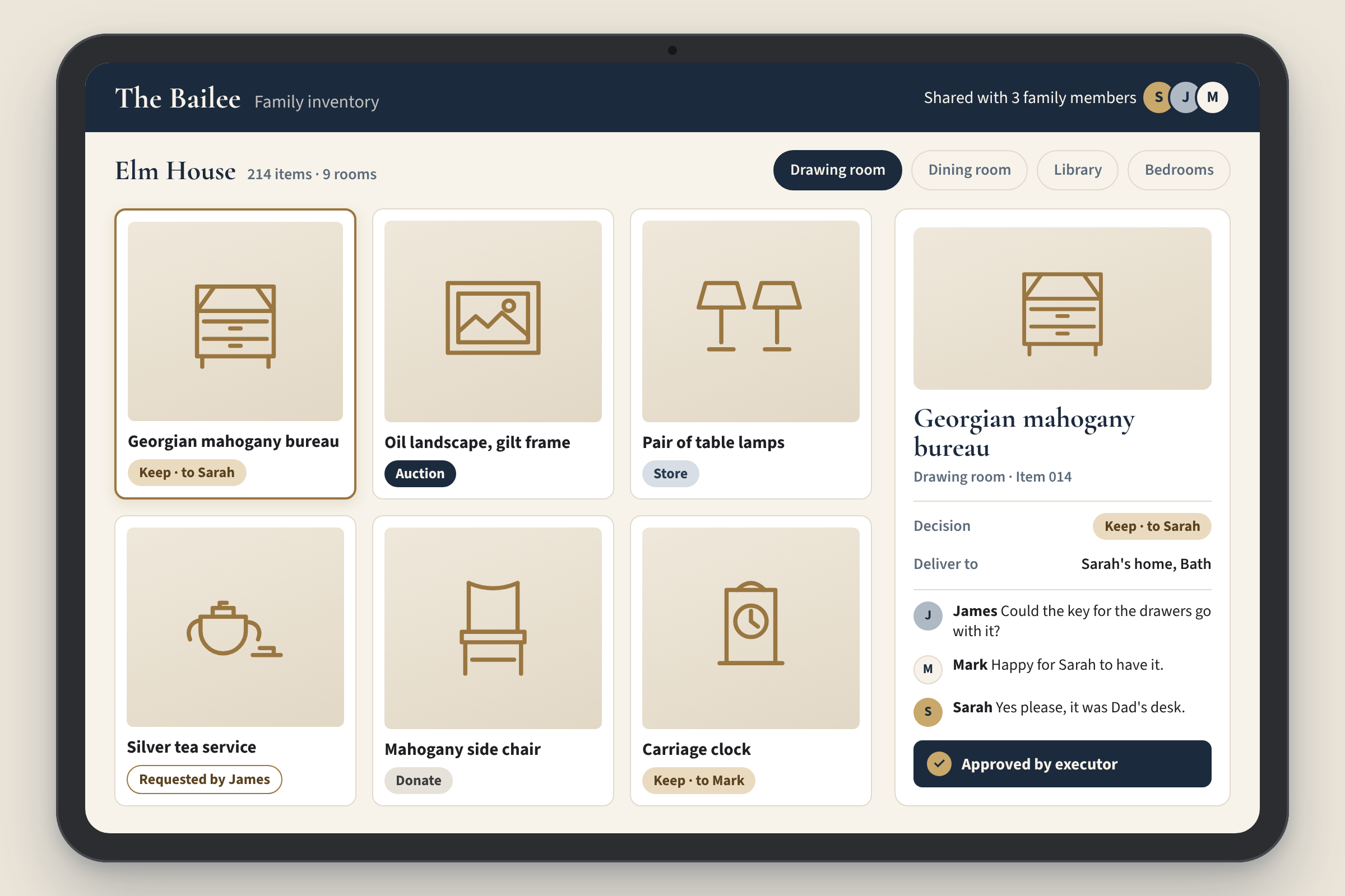 The Bailee family inventory on an iPad, showing photographed items labelled keep, auction, store, donate and requested, with family comments and executor approval